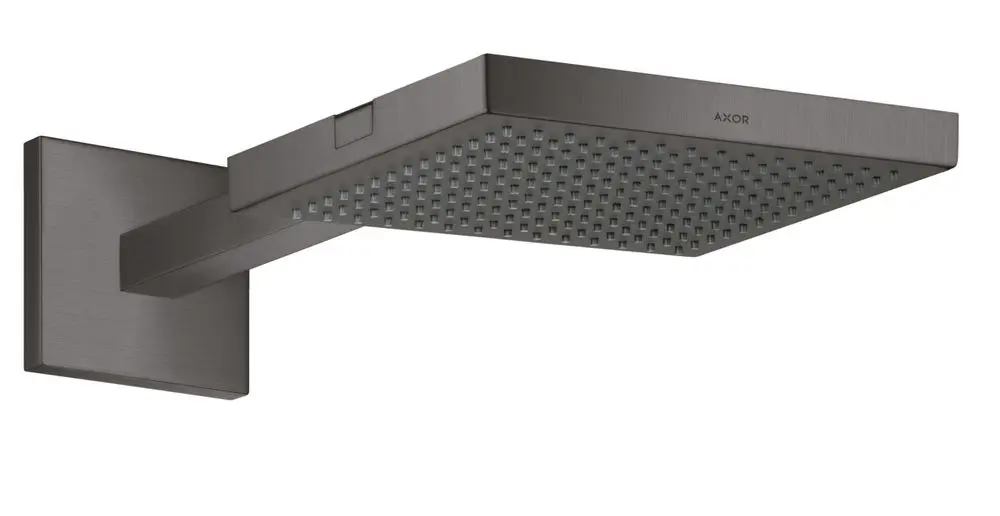 Duschkopf mit rechteckiger Form und mehreren Wasseröffnungen, montiert an einem geraden Brausearm, gefertigt von AXOR in Brushed Black Chrome.